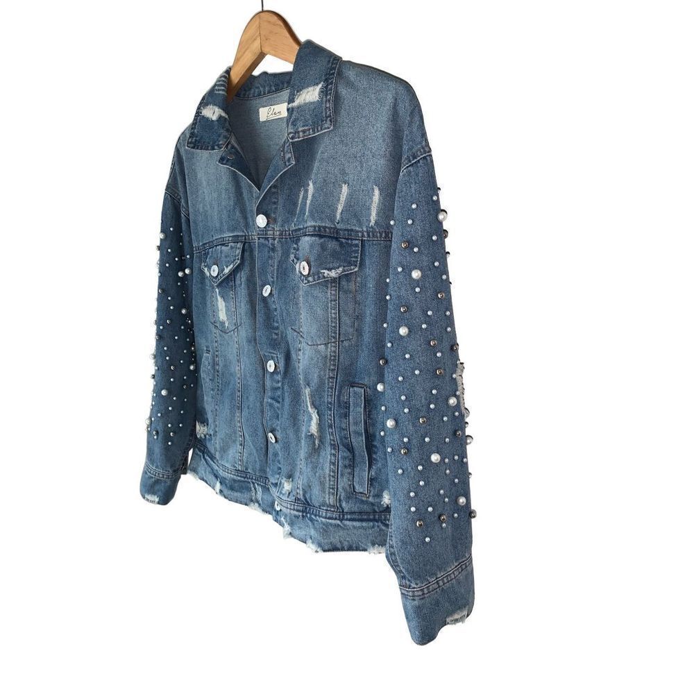 Elan Distressed Blue Denim Jacket with Pearl Embellishments - Picture 6 of 14